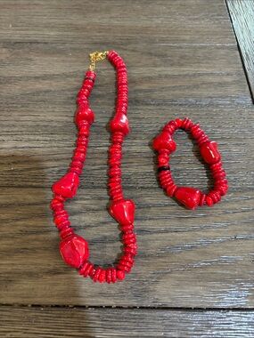 Red Beaded Necklace and Bracelet Set by
